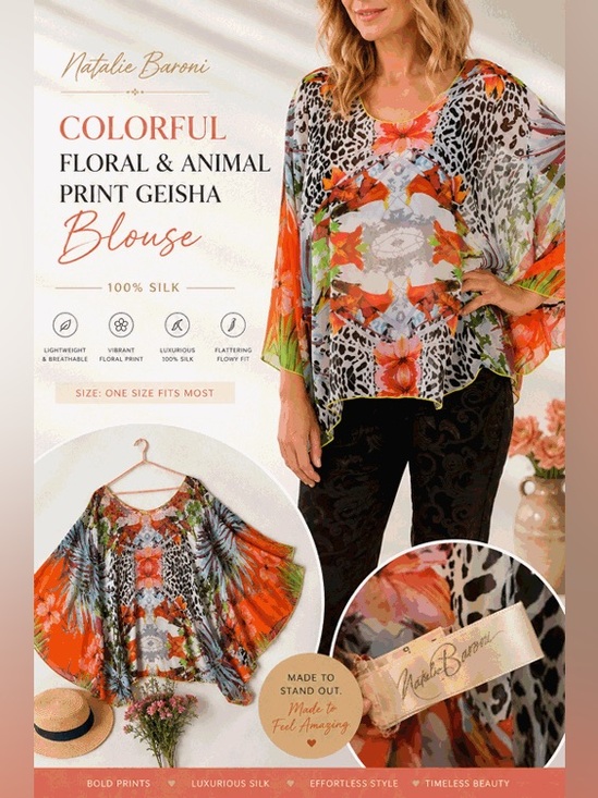 Natalie Baroni Tops - Natalie Baroni Colorful Floral &  Animal Print geisha Blouse 100% silk